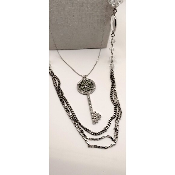 Green Crystal Key Necklace Triple Chain Bottom Into One Faceted Crystal Layered - Picture 7 of 12